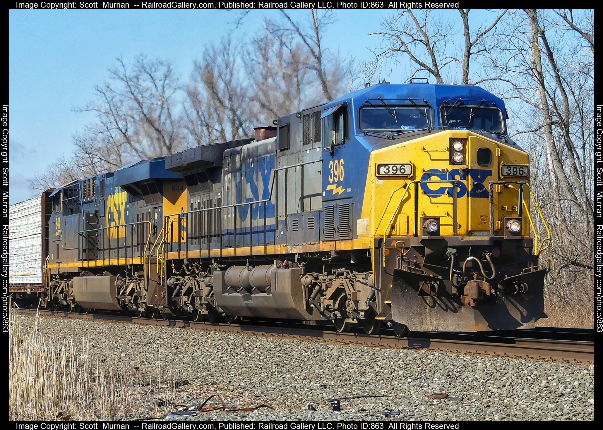 CSX 396 is a class CSX AC4400CW  and  is pictured in Macedon, New York, United States.  This was taken along the Rochester Subdivision  on the CSX Transportation. Photo Copyright: Scott  Murnan  uploaded to Railroad Gallery on 03/20/2023. This photograph of CSX 396 was taken on Monday, March 20, 2023. All Rights Reserved. 