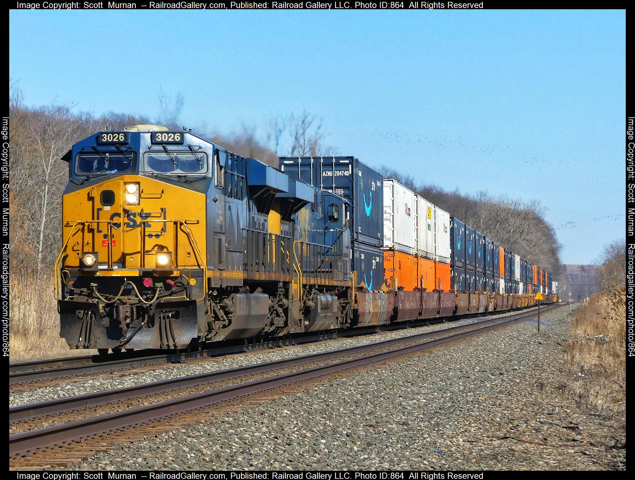 CSX 3026 is a class GE ES44AC and  is pictured in Macedon, New York, United States.  This was taken along the Rochester Subdivision  on the CSX Transportation. Photo Copyright: Scott  Murnan  uploaded to Railroad Gallery on 03/20/2023. This photograph of CSX 3026 was taken on Monday, March 20, 2023. All Rights Reserved. 