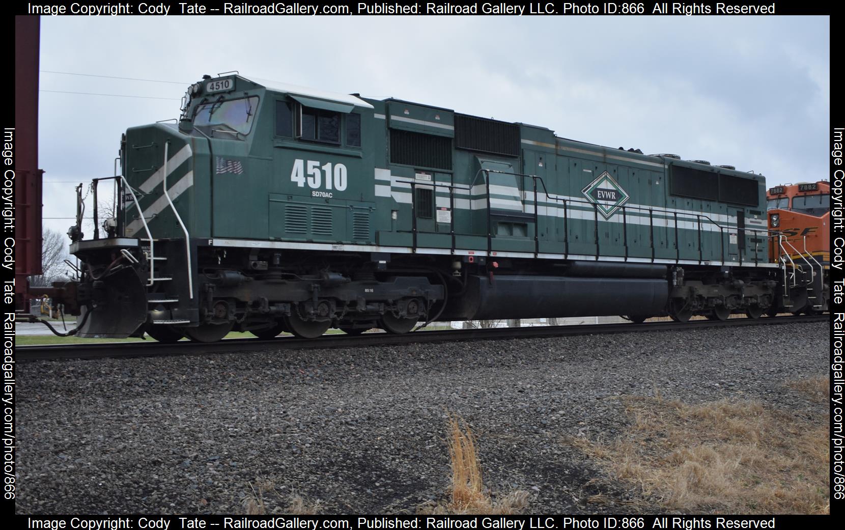 EVWR 4510 is a class SD70AC and  is pictured in Centralia, Illinois, USA.  This was taken along the Beardstown subdivision  on the Evansville Western Railway. Photo Copyright: Cody  Tate uploaded to Railroad Gallery on 03/21/2023. This photograph of EVWR 4510 was taken on Tuesday, March 21, 2023. All Rights Reserved. 