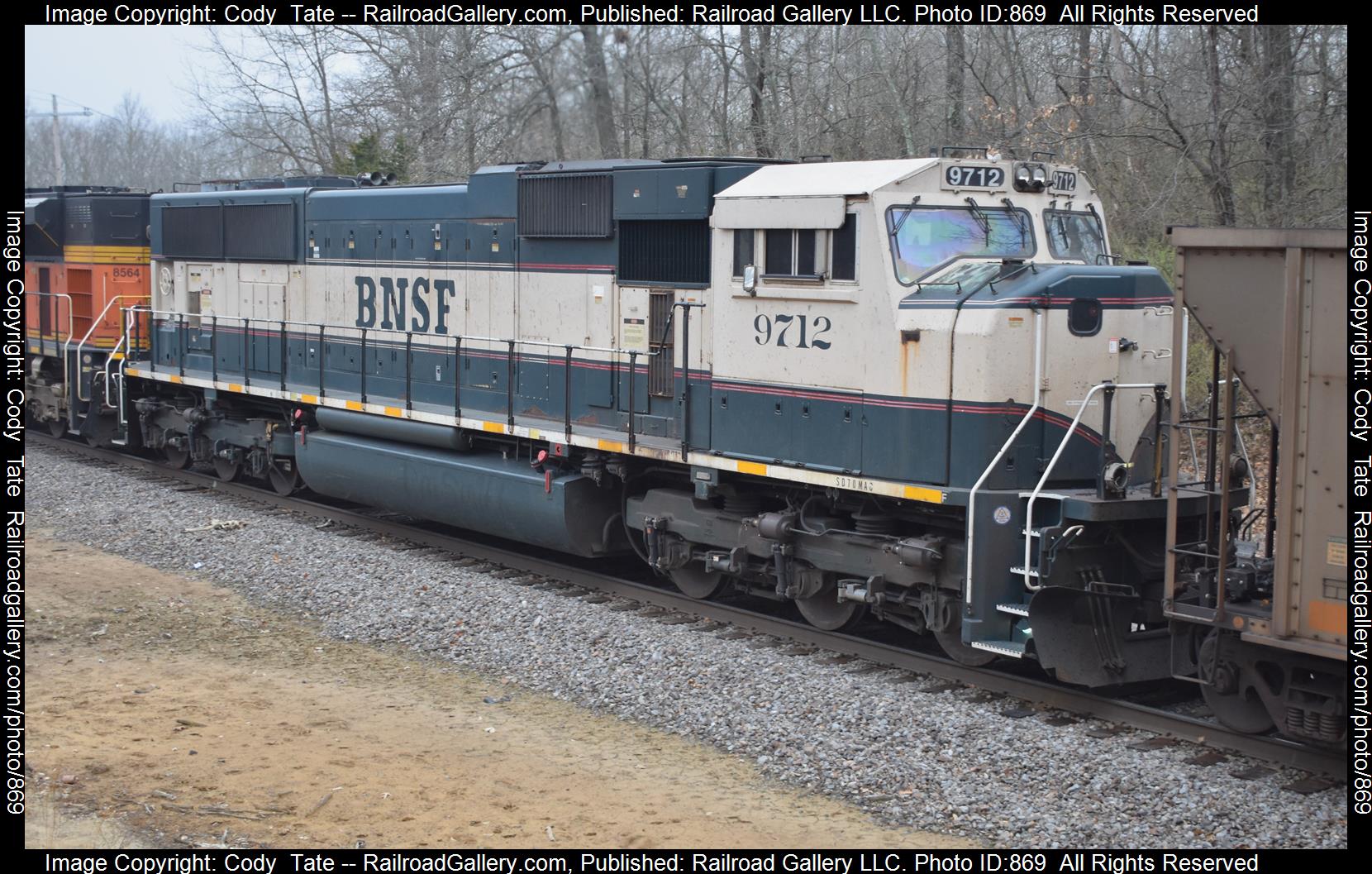 BNSF 9712 is a class SD70MAC and  is pictured in Centralia, Illinois, USA.  This was taken along the Beardstown subdivision  on the BNSF Railway. Photo Copyright: Cody  Tate uploaded to Railroad Gallery on 03/22/2023. This photograph of BNSF 9712 was taken on Wednesday, March 22, 2023. All Rights Reserved. 