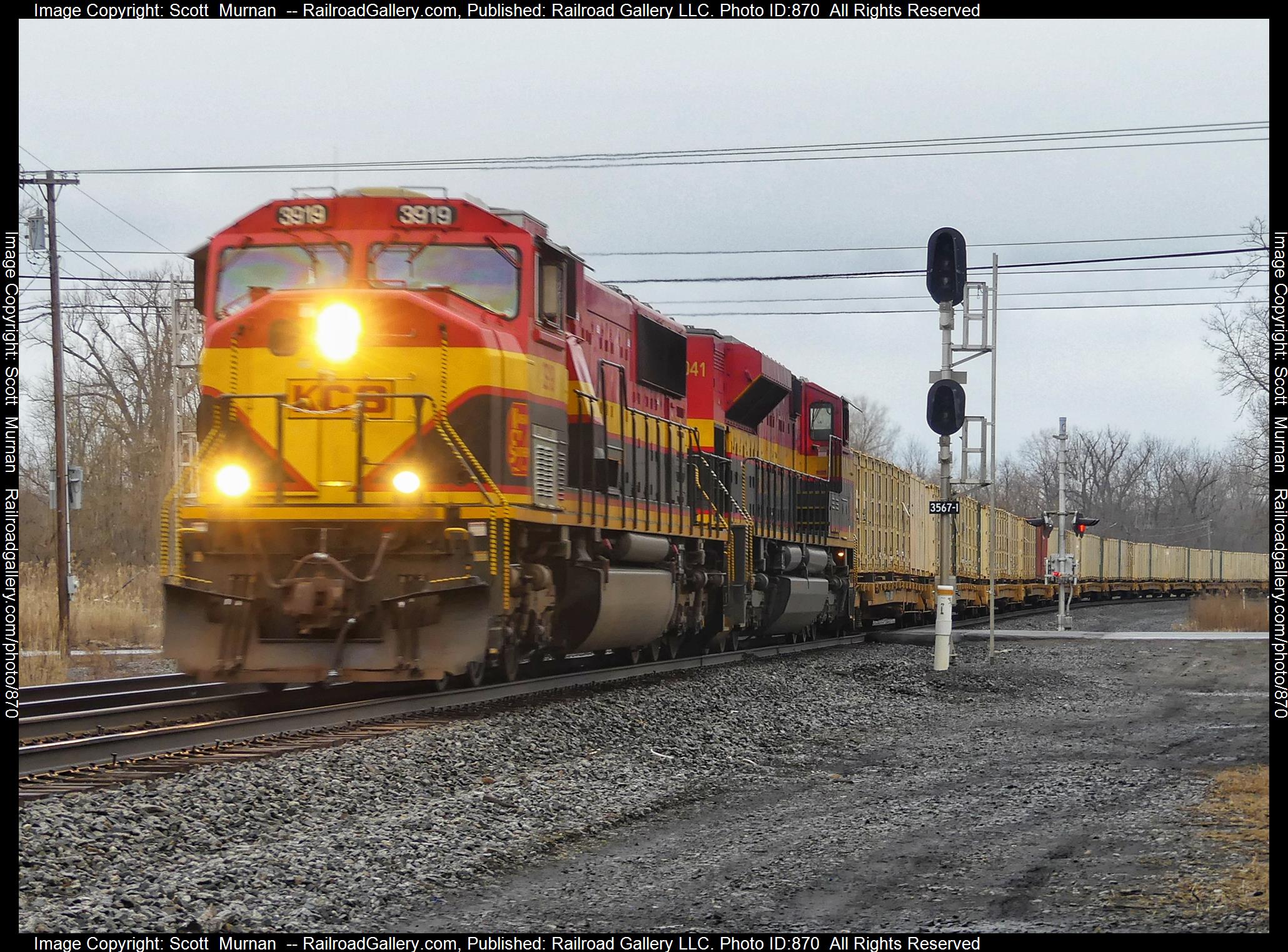 KCS 3919 is a class EMD SD70MAC and  is pictured in Macedon, New York, United States.  This was taken along the Rochester Subdivision  on the CSX Transportation. Photo Copyright: Scott  Murnan  uploaded to Railroad Gallery on 03/23/2023. This photograph of KCS 3919 was taken on Thursday, March 23, 2023. All Rights Reserved. 