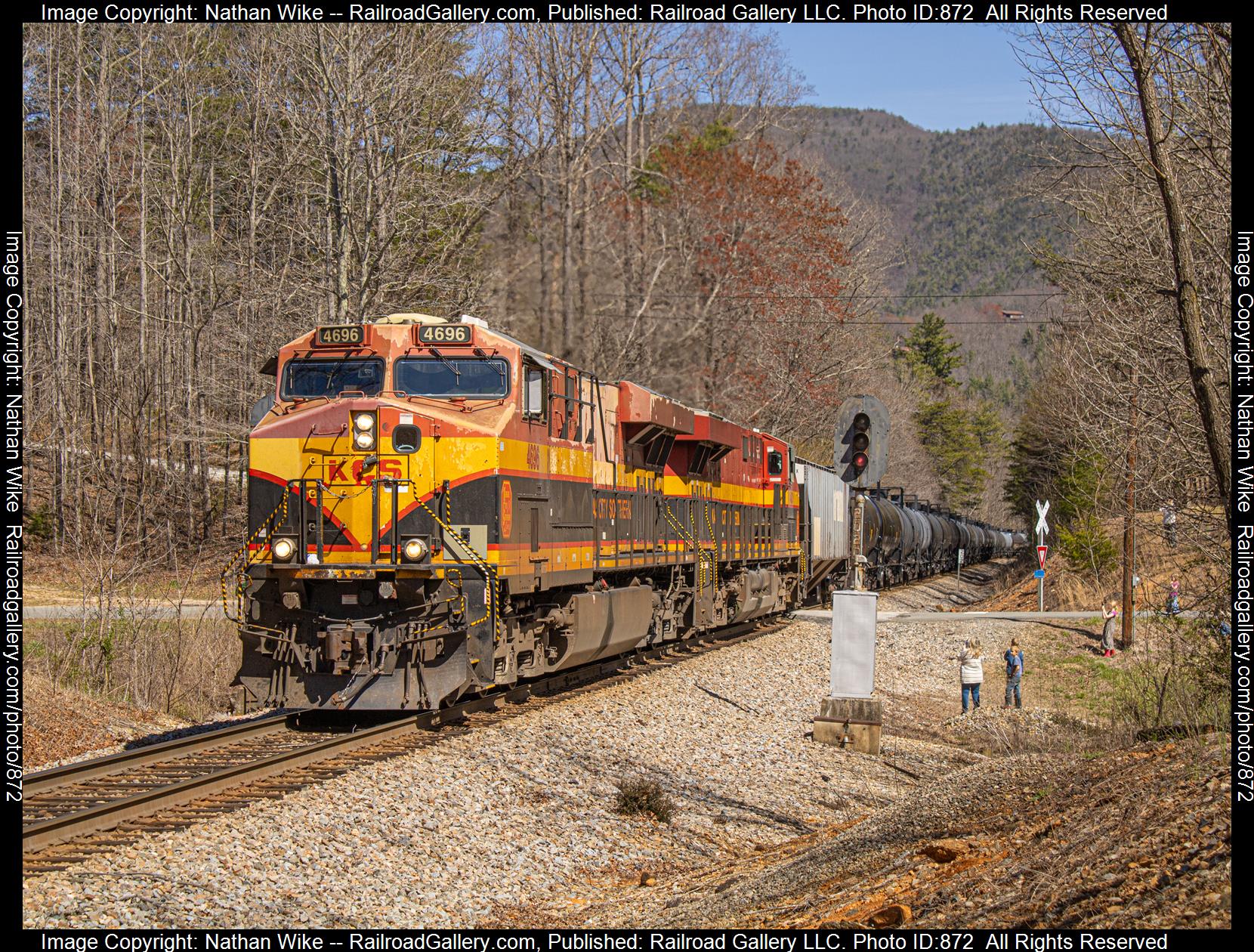 KCS 4696 is a class ES44AC and  is pictured in Ashford, North Carolina, United States.  This was taken along the Blue Ridge Subdivision  on the CSX Transportation. Photo Copyright: Nathan Wike uploaded to Railroad Gallery on 03/23/2023. This photograph of KCS 4696 was taken on Saturday, March 11, 2023. All Rights Reserved. 