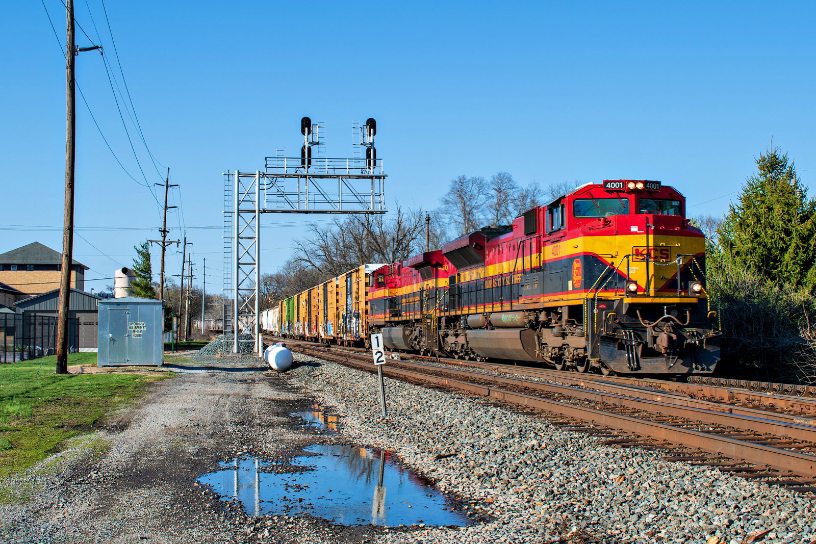 KCS 4001 is a class EMD SD70ACe and  is pictured in Wyoming, Ohio, United States.  This was taken along the Cincinnati Terminal Subdivision on the CSX Transportation. Photo Copyright: David Rohdenburg uploaded to Railroad Gallery on 03/26/2023. This photograph of KCS 4001 was taken on Sunday, March 26, 2023. All Rights Reserved. 