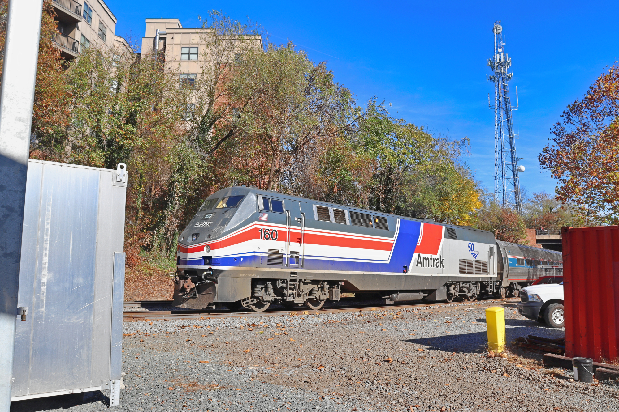 Amtrak 160 is a class GE P42DC and  is pictured in Charlottesville, VA, United States.  This was taken along the NS Washington District  on the Norfolk Southern. Photo Copyright: Robby Lefkowitz uploaded to Railroad Gallery on 11/13/2022. This photograph of Amtrak 160 was taken on Tuesday, November 08, 2022. All Rights Reserved. 