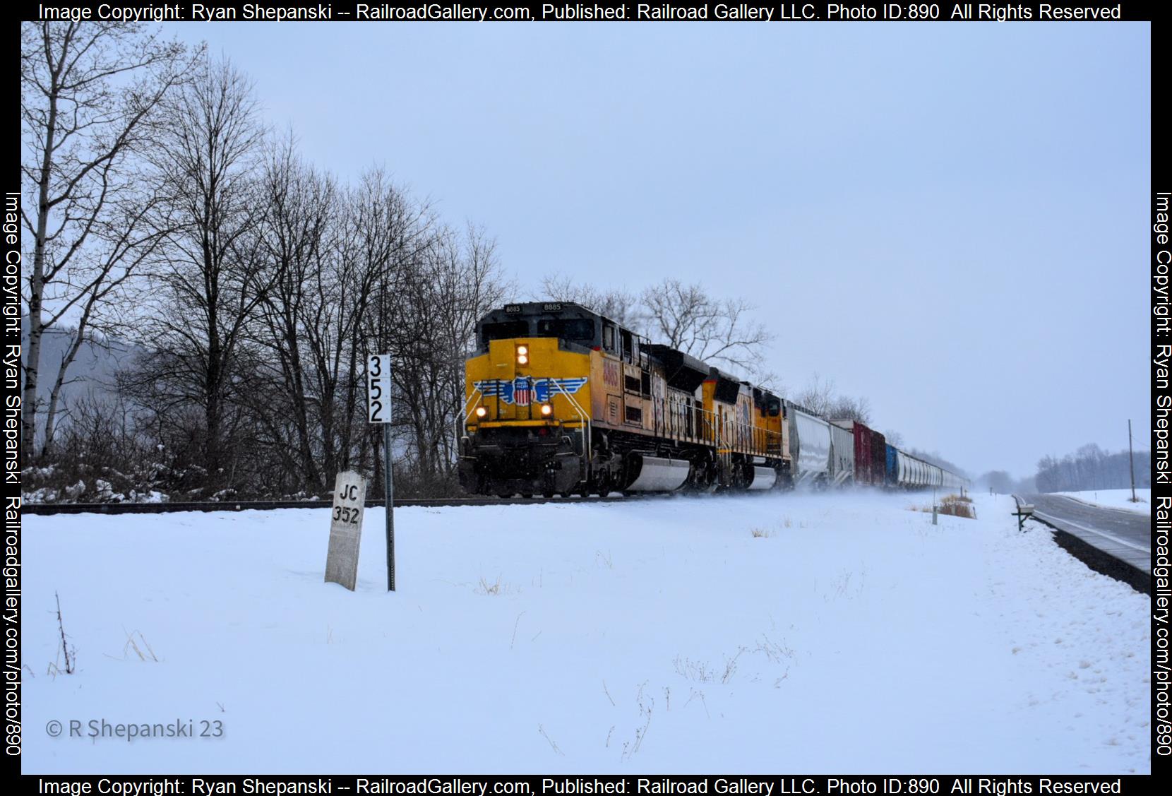 UP 8885 is a class SD70AH and  is pictured in Swain, NY, United States.  This was taken along the Southern tier on the Union Pacific Railroad. Photo Copyright: Ryan Shepanski uploaded to Railroad Gallery on 03/27/2023. This photograph of UP 8885 was taken on Monday, March 13, 2023. All Rights Reserved. 