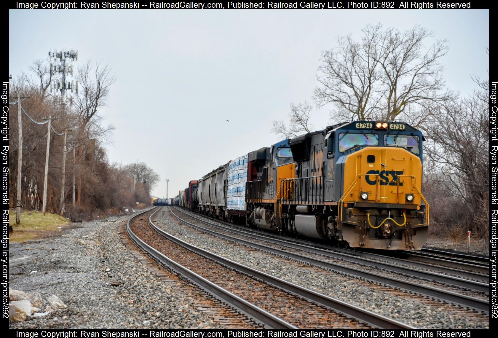CSX 4794 is a class SD70AC and  is pictured in Rochester , NY, United States.  This was taken along the Rochester sub on the CSX Transportation. Photo Copyright: Ryan Shepanski uploaded to Railroad Gallery on 03/27/2023. This photograph of CSX 4794 was taken on Monday, March 27, 2023. All Rights Reserved. 