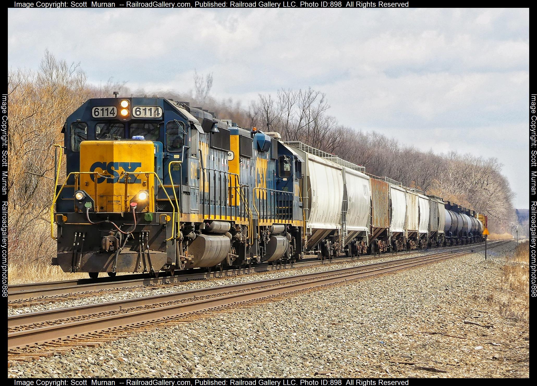 CSX 6114 is a class EMD GP40-2 and  is pictured in Macedon, New York, United States.  This was taken along the Rochester Subdivision  on the CSX Transportation. Photo Copyright: Scott  Murnan  uploaded to Railroad Gallery on 03/30/2023. This photograph of CSX 6114 was taken on Wednesday, March 29, 2023. All Rights Reserved. 