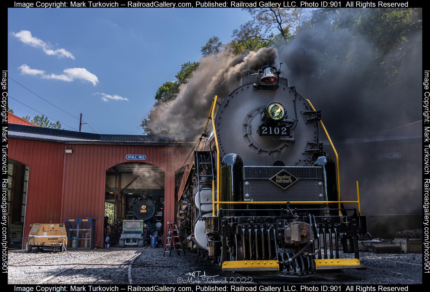 RDG 2102 is a class T-1 and  is pictured in Port Clinton, Pennsylvania, USA.  This was taken along the Reading & Northern Steam Shop on the Reading Company. Photo Copyright: Mark Turkovich uploaded to Railroad Gallery on 03/31/2023. This photograph of RDG 2102 was taken on Thursday, August 11, 2022. All Rights Reserved. 