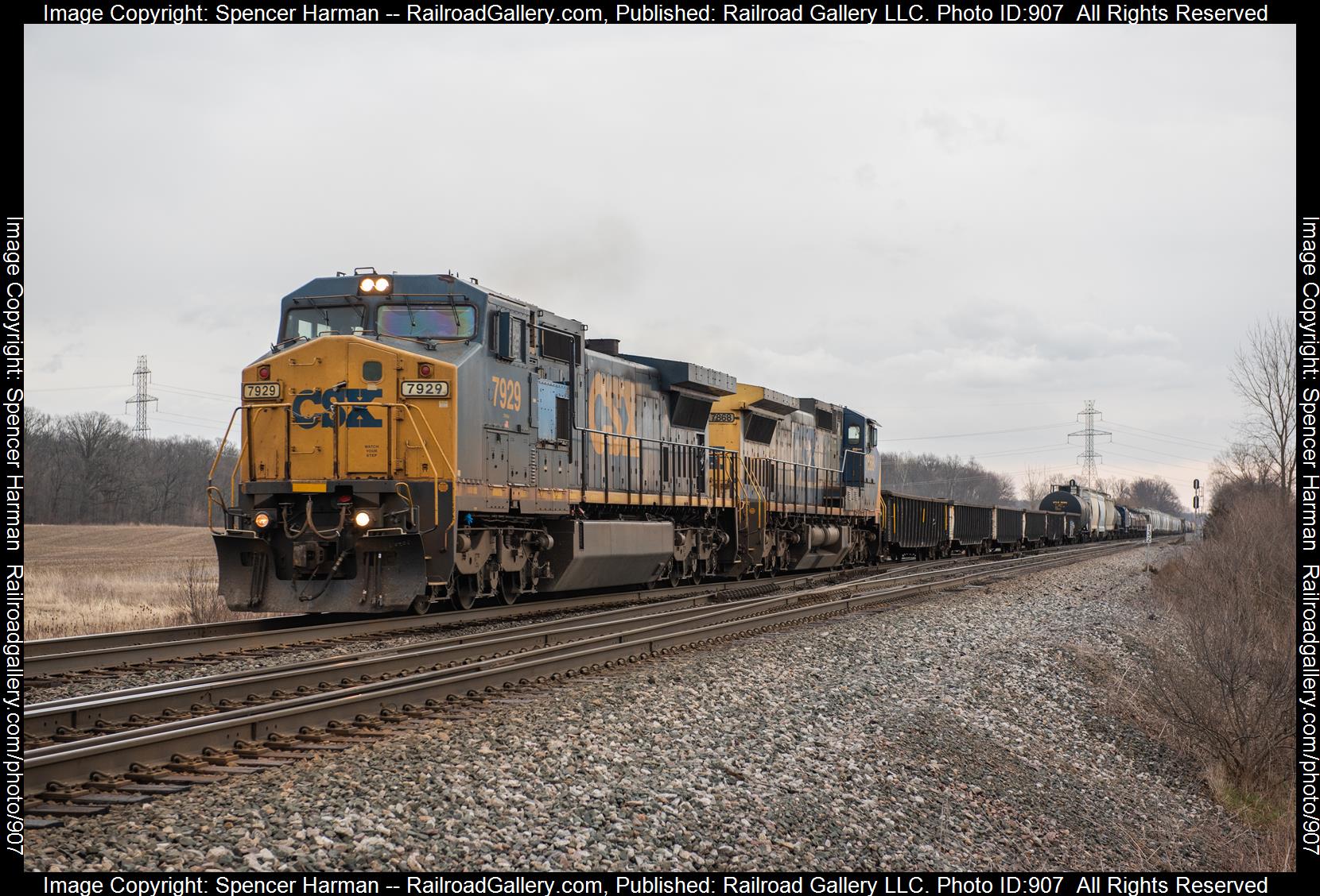 CSXT 7929 is a class GE C40-8W (Dash 8-40CW) and  is pictured in Avilla, Indiana, USA.  This was taken along the Garrett Subdivision on the CSX Transportation. Photo Copyright: Spencer Harman uploaded to Railroad Gallery on 04/01/2023. This photograph of CSXT 7929 was taken on Saturday, April 01, 2023. All Rights Reserved. 