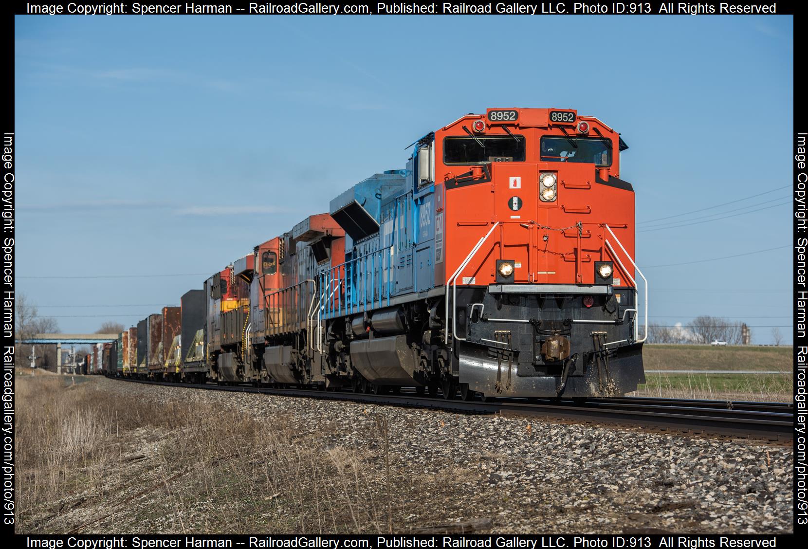 CN 8952 is a class EMD SD70M-2 and  is pictured in South Bend, Indiana, USA.  This was taken along the South Bend Subdivision on the Canadian National Railway. Photo Copyright: Spencer Harman uploaded to Railroad Gallery on 04/02/2023. This photograph of CN 8952 was taken on Sunday, April 02, 2023. All Rights Reserved. 