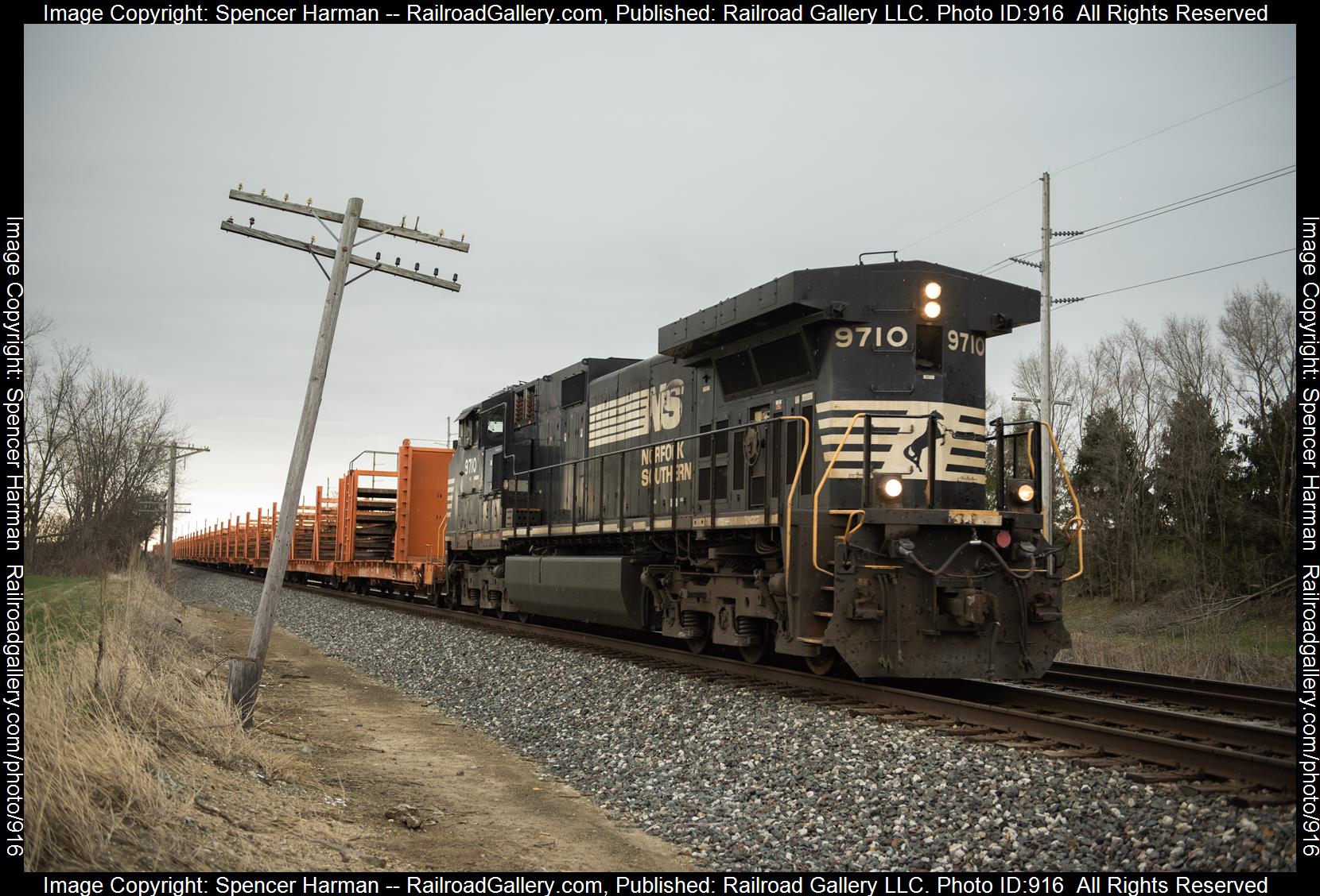 NS 9710 is a class GE C44-9W (Dash 9-44CW) and  is pictured in Fort Wayne, Indiana, USA.  This was taken along the Chicago District on the Norfolk Southern. Photo Copyright: Spencer Harman uploaded to Railroad Gallery on 04/04/2023. This photograph of NS 9710 was taken on Tuesday, April 04, 2023. All Rights Reserved. 