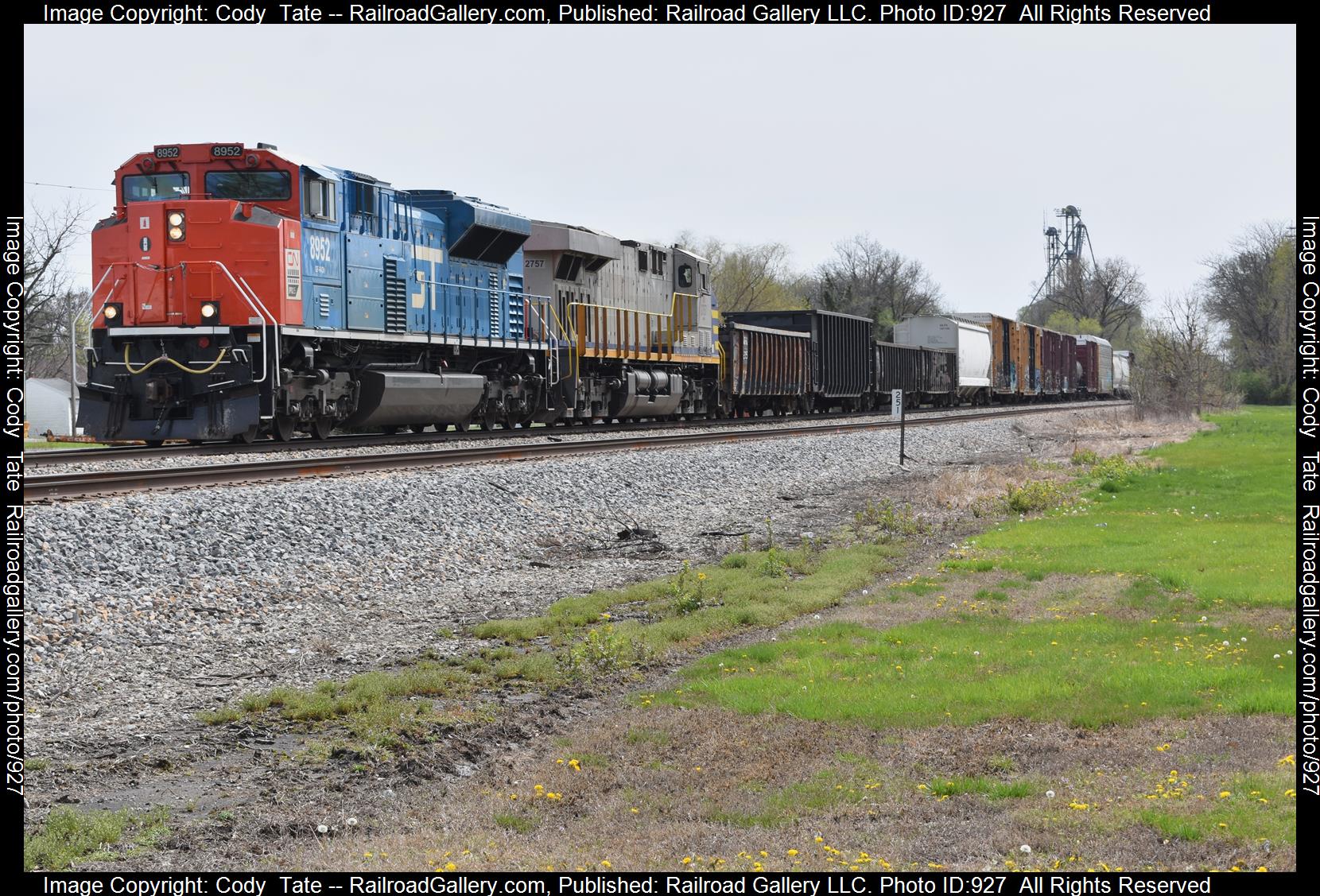 CN 8952 is a class SD70M-2 and  is pictured in Centralia, Illinois, USA.  This was taken along the Centralia subdivision  on the Canadian National Railway. Photo Copyright: Cody  Tate uploaded to Railroad Gallery on 04/07/2023. This photograph of CN 8952 was taken on Friday, April 07, 2023. All Rights Reserved. 