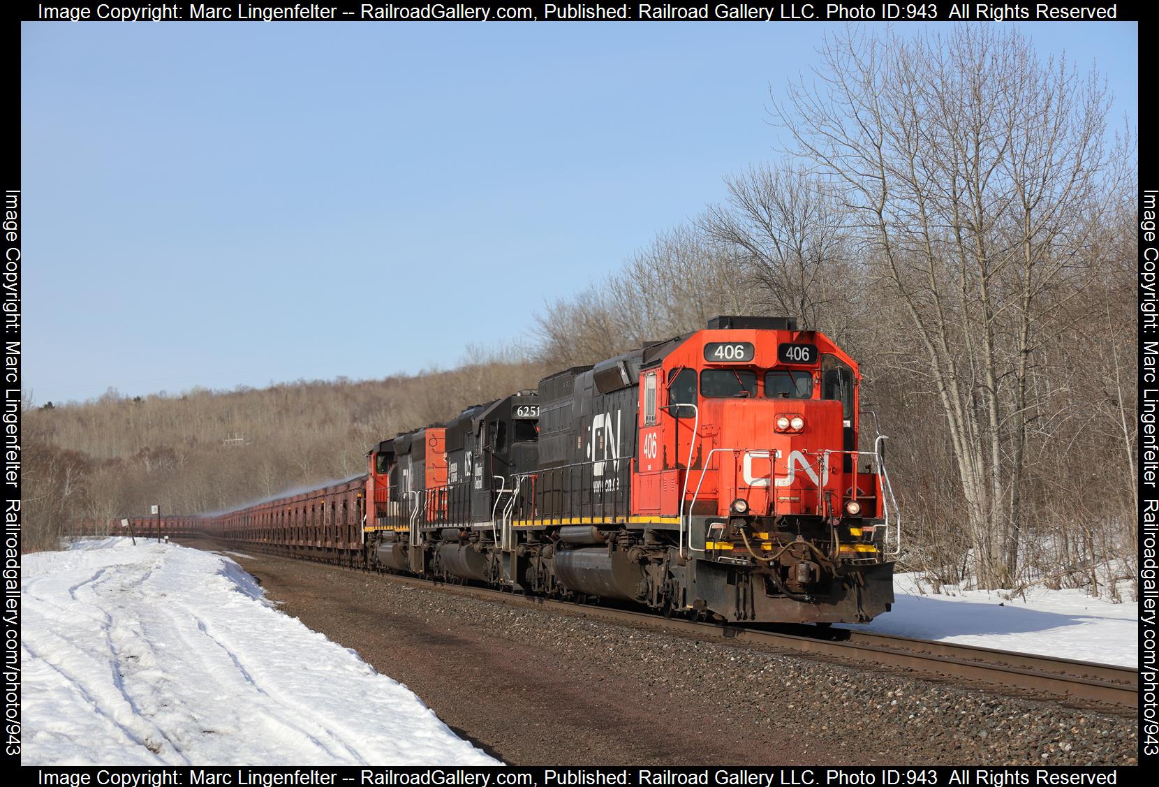 CN 406 is a class EMD SD40-3 and  is pictured in Duluth, Minnesota, USA.  This was taken along the CN Proctor Hill on the Canadian National Railway. Photo Copyright: Marc Lingenfelter uploaded to Railroad Gallery on 04/10/2023. This photograph of CN 406 was taken on Monday, March 27, 2023. All Rights Reserved. 