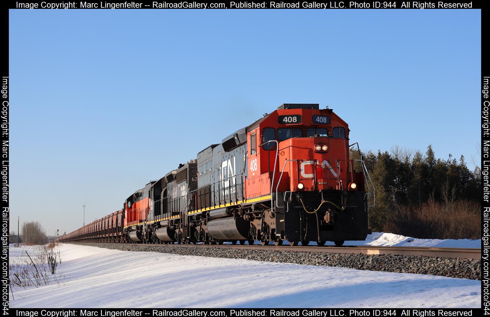 CN 408 is a class EMD SD40-3 and  is pictured in Kelsey, Minnesota, USA.  This was taken along the CN Missabe Sub on the Canadian National Railway. Photo Copyright: Marc Lingenfelter uploaded to Railroad Gallery on 04/10/2023. This photograph of CN 408 was taken on Sunday, March 26, 2023. All Rights Reserved. 