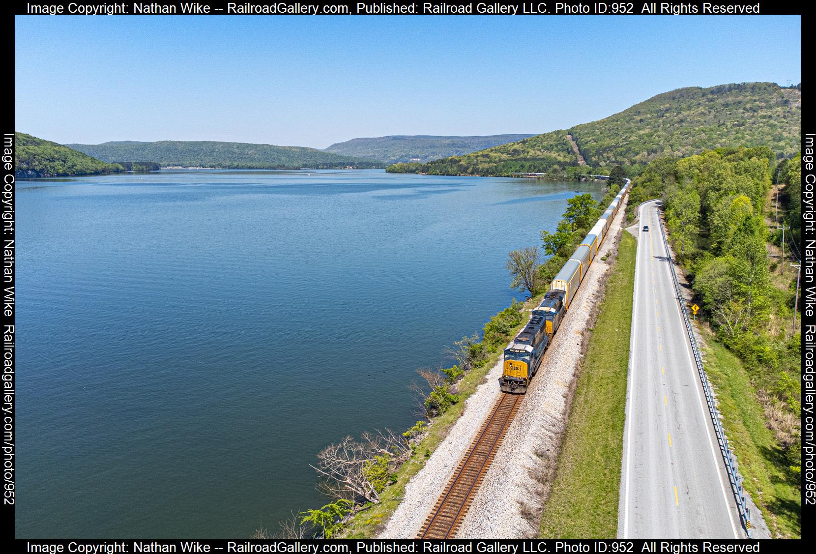 CSXT 4548 is a class sd70MACe and  is pictured in Nickajack Lake, TN, Tennessee , United States.  This was taken along the Chattanooga Subdivision  on the CSX Transportation. Photo Copyright: Nathan Wike uploaded to Railroad Gallery on 04/12/2023. This photograph of CSXT 4548 was taken on Wednesday, April 12, 2023. All Rights Reserved. 