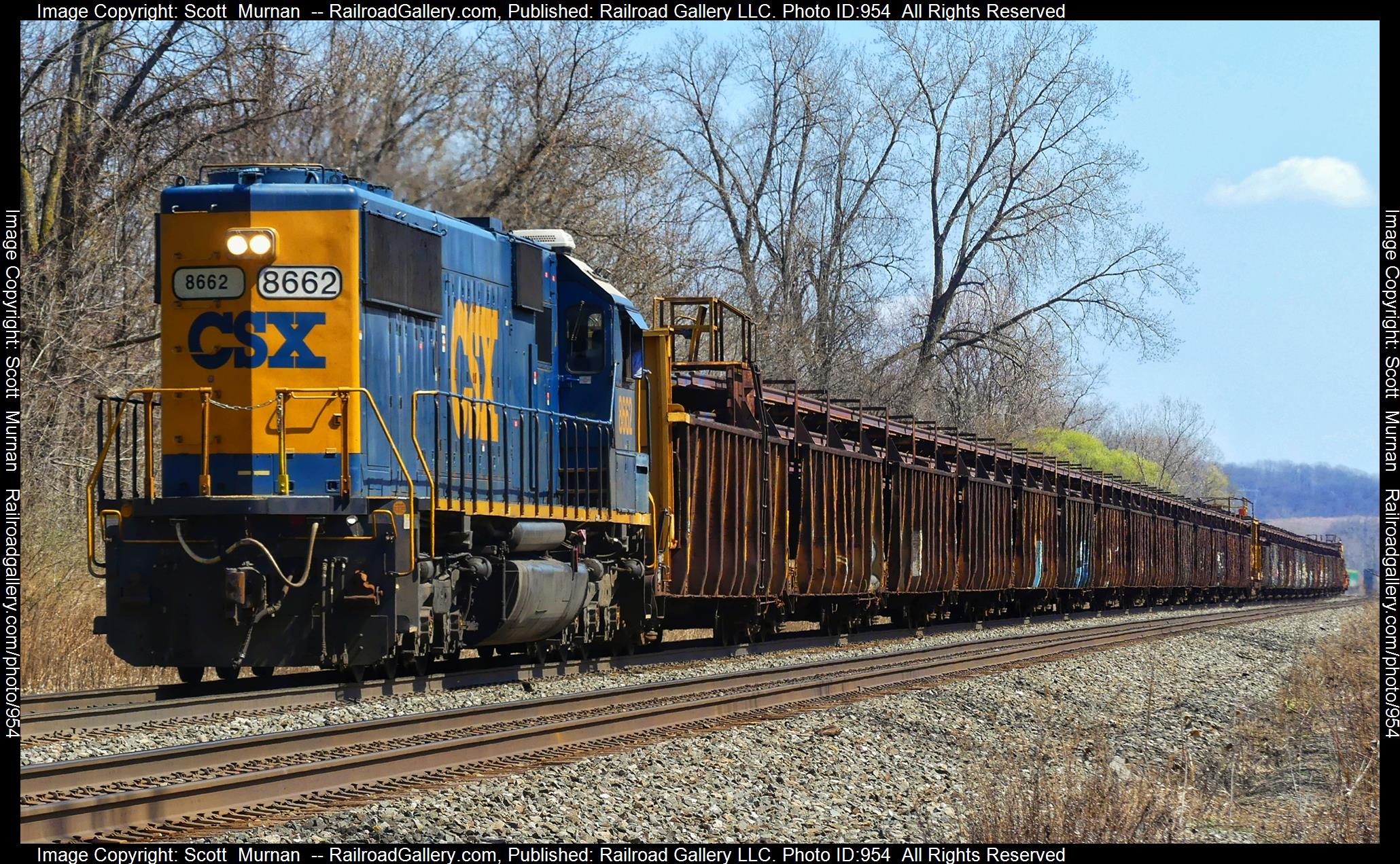 CSX 8662 is a class EMD SD50-3 and  is pictured in Perinton , New York, United States.  This was taken along the Rochester Subdivision  on the CSX Transportation. Photo Copyright: Scott  Murnan  uploaded to Railroad Gallery on 04/13/2023. This photograph of CSX 8662 was taken on Wednesday, April 12, 2023. All Rights Reserved. 