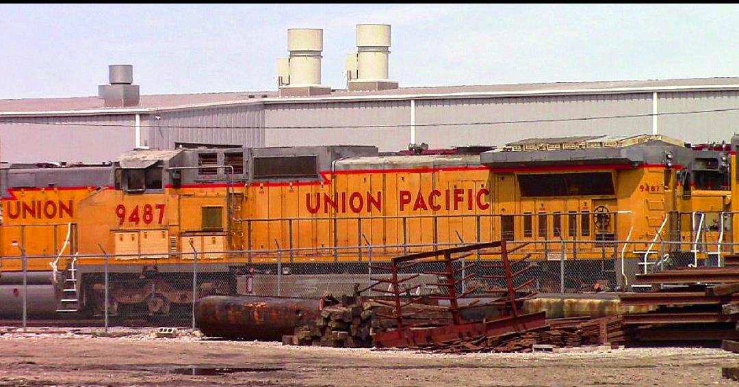 UP 9487 is a class GE C40-8W (Dash 8-40CW) and  is pictured in East Saint Louis, Illinois, USA.  This was taken along the Alton & Southern on the Union Pacific Railroad. Photo Copyright: Blaise Lambert uploaded to Railroad Gallery on 04/13/2023. This photograph of UP 9487 was taken on Friday, April 07, 2023. All Rights Reserved. 