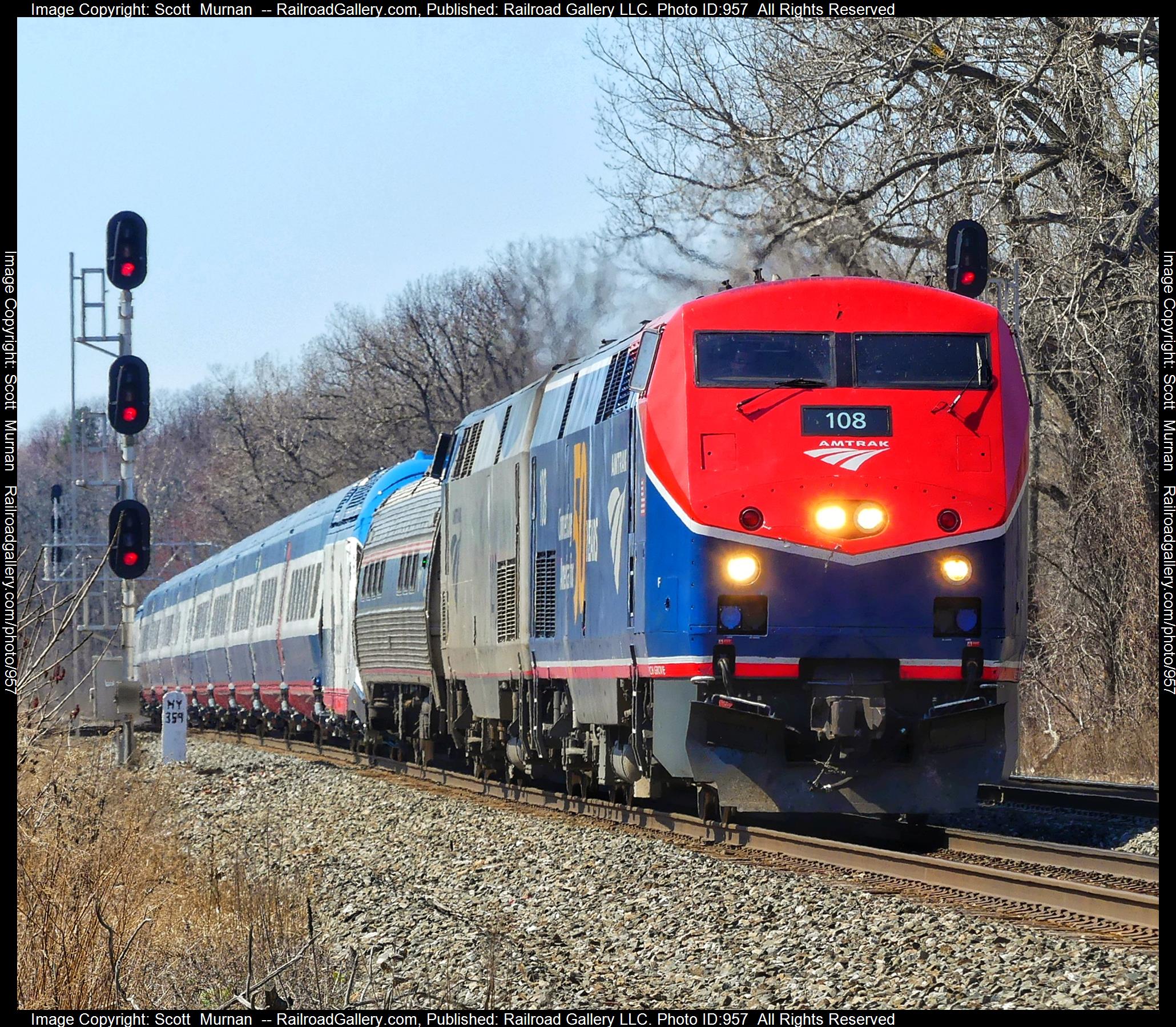 AMTK 108 is a class GE P42DC and  is pictured in Perinton , New York, United States.  This was taken along the Rochester Subdivision  on the CSX Transportation. Photo Copyright: Scott  Murnan  uploaded to Railroad Gallery on 04/13/2023. This photograph of AMTK 108 was taken on Wednesday, April 12, 2023. All Rights Reserved. 