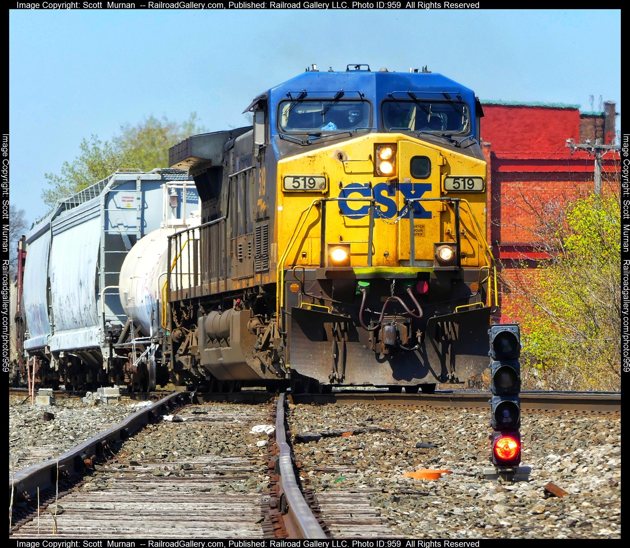 CSX 519 is a class GE AC4400CW and  is pictured in Rochester , New York, United States.  This was taken along the Rochester Subdivision  on the CSX Transportation. Photo Copyright: Scott  Murnan  uploaded to Railroad Gallery on 04/14/2023. This photograph of CSX 519 was taken on Friday, April 14, 2023. All Rights Reserved. 
