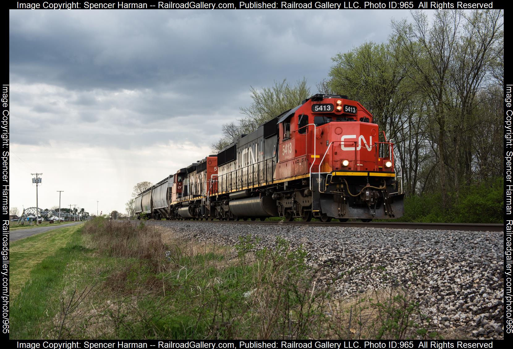 CN 5413 is a class EMD SD60 and  is pictured in South Bend, Indiana, USA.  This was taken along the South Bend Subdivision on the Canadian National Railway. Photo Copyright: Spencer Harman uploaded to Railroad Gallery on 04/16/2023. This photograph of CN 5413 was taken on Saturday, April 15, 2023. All Rights Reserved. 