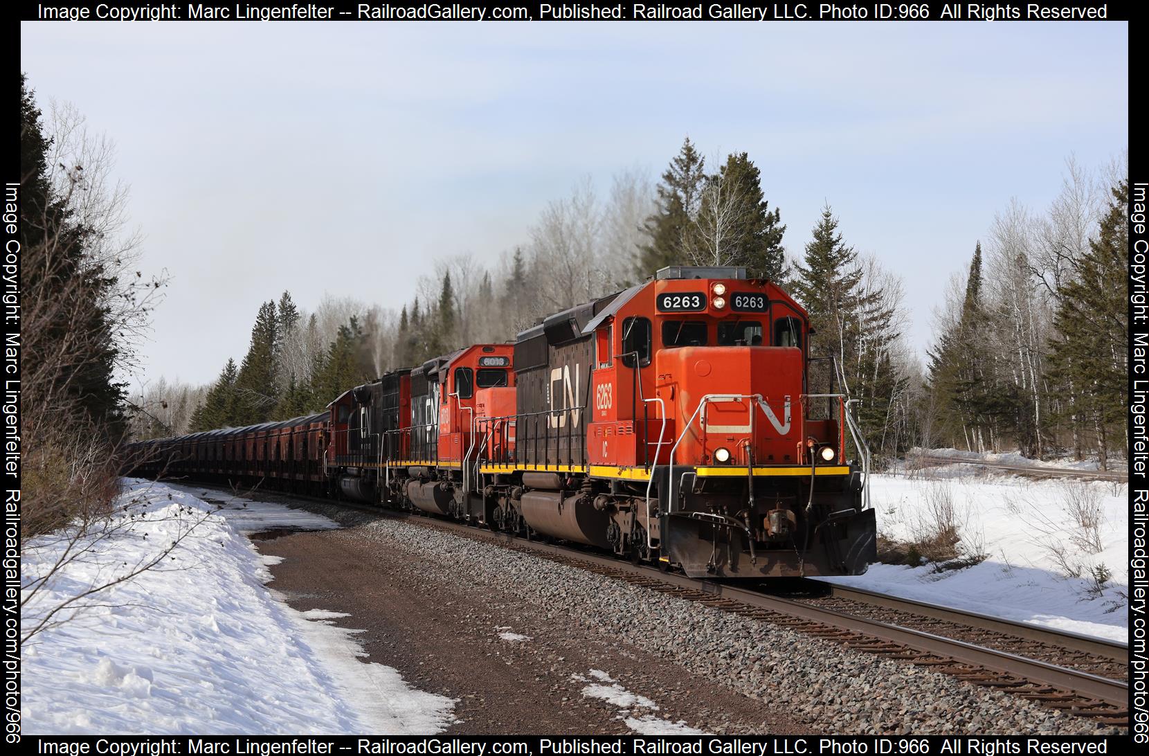 CN 6263 is a class EMD SD40-2 and  is pictured in Culver, Minnesota, USA.  This was taken along the CN Missabe Sub on the Canadian National Railway. Photo Copyright: Marc Lingenfelter uploaded to Railroad Gallery on 04/16/2023. This photograph of CN 6263 was taken on Monday, March 27, 2023. All Rights Reserved. 