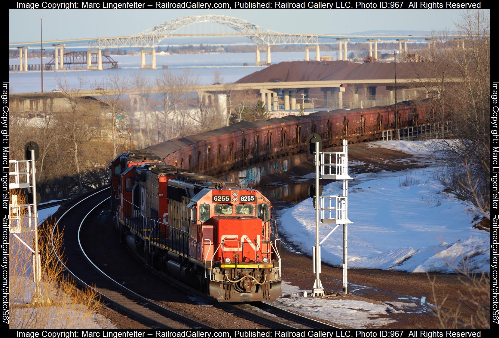 CN 6255 is a class EMD SD40-2 and  is pictured in Duluth, Minnesota, USA.  This was taken along the CN Proctor Hill on the Canadian National Railway. Photo Copyright: Marc Lingenfelter uploaded to Railroad Gallery on 04/16/2023. This photograph of CN 6255 was taken on Sunday, March 26, 2023. All Rights Reserved. 