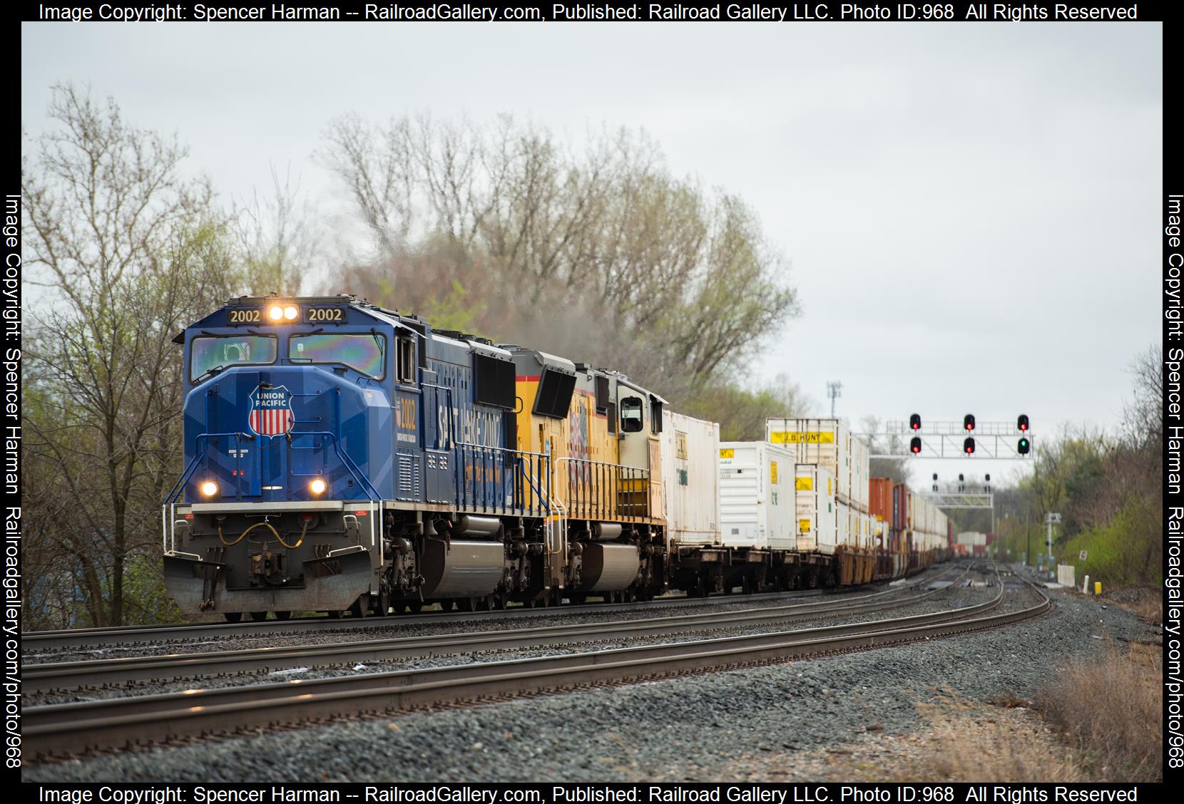 UP 2002 is a class EMD SD70M and  is pictured in Goshen, Indiana, USA.  This was taken along the Chicago Line on the Norfolk Southern. Photo Copyright: Spencer Harman uploaded to Railroad Gallery on 04/17/2023. This photograph of UP 2002 was taken on Monday, April 17, 2023. All Rights Reserved. 