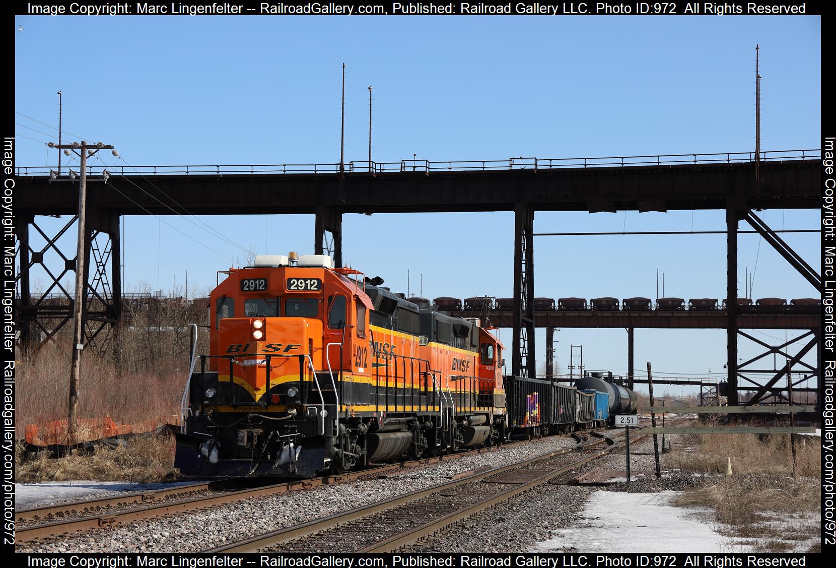 BNSF 2912 is a class EMD GP39-2R and  is pictured in Duluth, Minnesota, USA.  This was taken along the None on the BNSF Railway. Photo Copyright: Marc Lingenfelter uploaded to Railroad Gallery on 04/17/2023. This photograph of BNSF 2912 was taken on Monday, March 27, 2023. All Rights Reserved. 