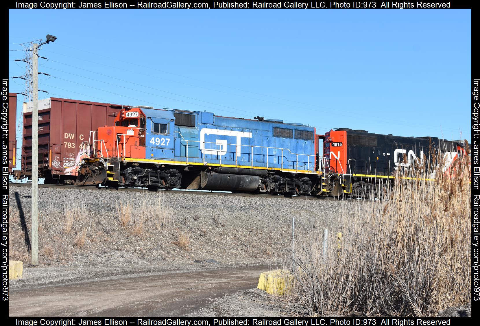 GTW 4927 is a class EMD GP38-2 and  is pictured in Griffith, IN, USA.  This was taken along the CN Kirk Yard on the Canadian National Railway. Photo Copyright: James Ellison uploaded to Railroad Gallery on 04/18/2023. This photograph of GTW 4927 was taken on Tuesday, March 07, 2023. All Rights Reserved. 