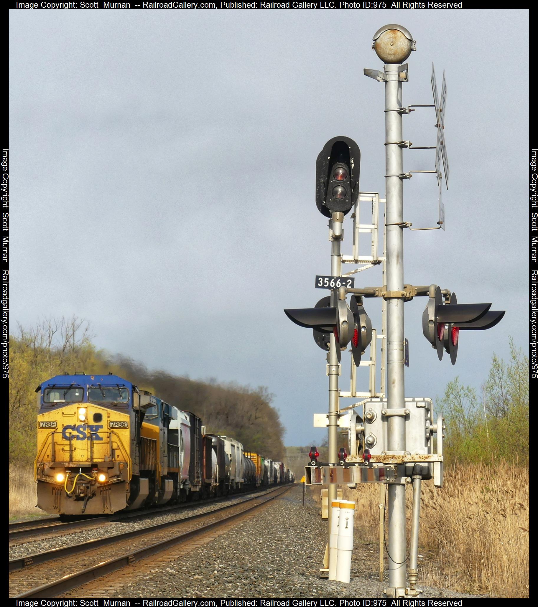 CSX 7836 is a class GE C40-8W (Dash 8-40CW) and  is pictured in Macedon, New York, United States.  This was taken along the Rochester Subdivision  on the CSX Transportation. Photo Copyright: Scott  Murnan  uploaded to Railroad Gallery on 04/18/2023. This photograph of CSX 7836 was taken on Tuesday, April 18, 2023. All Rights Reserved. 