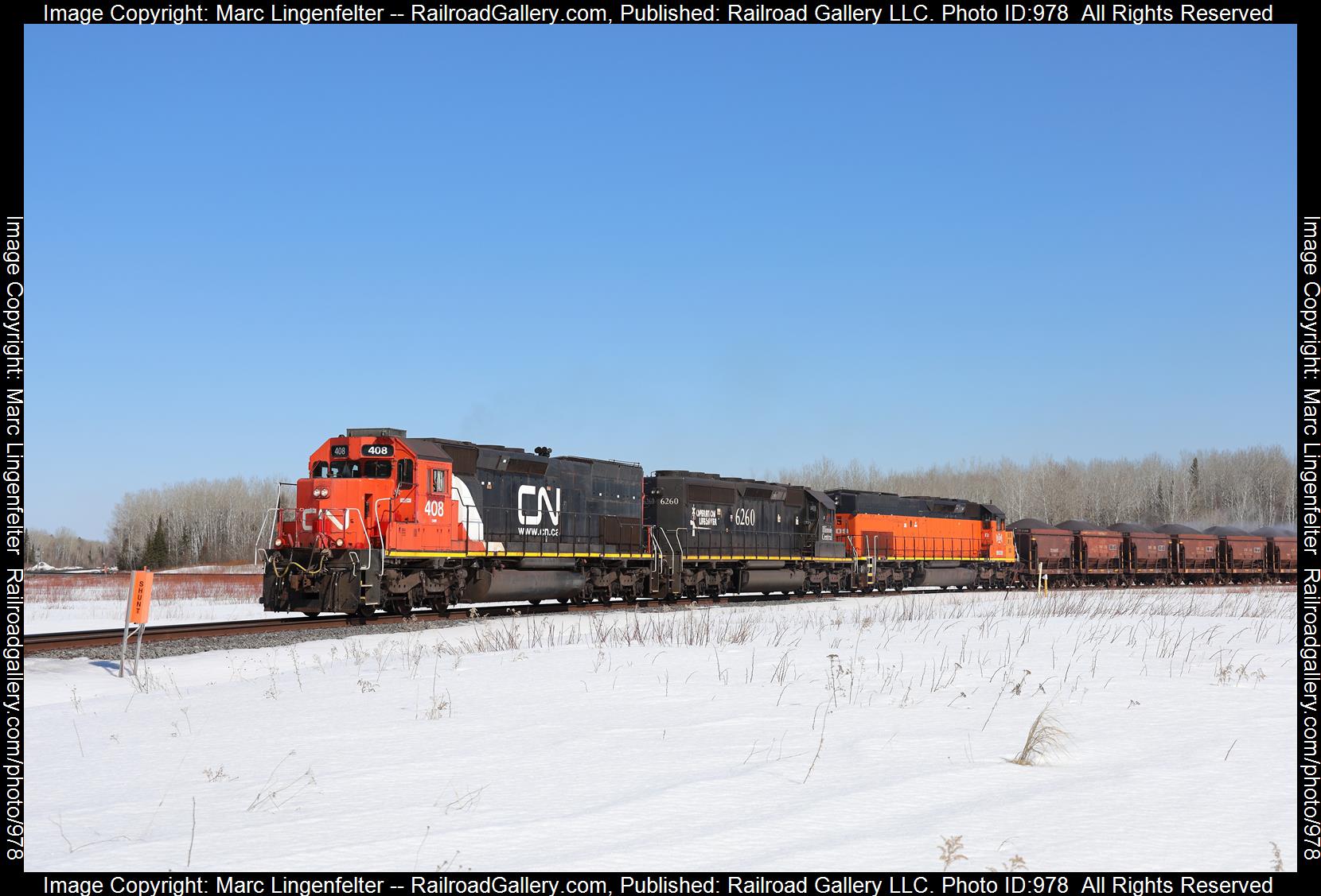 CN 408 is a class EMD SD40-3 and  is pictured in Fairlane, Minnesota, USA.  This was taken along the CN Missabe Sub on the Canadian National Railway. Photo Copyright: Marc Lingenfelter uploaded to Railroad Gallery on 04/19/2023. This photograph of CN 408 was taken on Sunday, March 26, 2023. All Rights Reserved. 