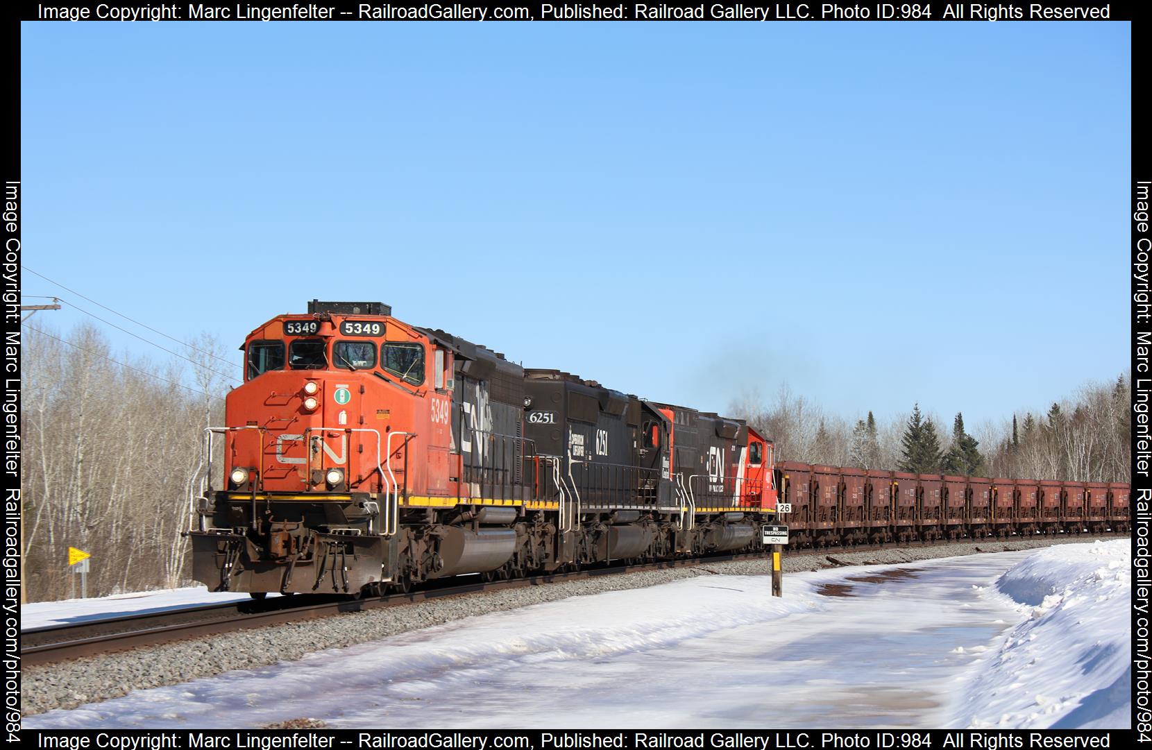 CN 5349 is a class EMD SD40-2W and  is pictured in Burnett, Minnesota, USA.  This was taken along the CN Missabe Sub on the Canadian National Railway. Photo Copyright: Marc Lingenfelter uploaded to Railroad Gallery on 04/21/2023. This photograph of CN 5349 was taken on Friday, March 24, 2023. All Rights Reserved. 