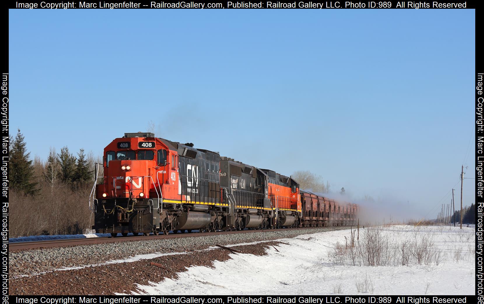 CN 408 is a class EMD SD40-3 and  is pictured in Sax, Minnesota, USA.  This was taken along the CN Missabe Sub on the Canadian National Railway. Photo Copyright: Marc Lingenfelter uploaded to Railroad Gallery on 04/22/2023. This photograph of CN 408 was taken on Wednesday, March 29, 2023. All Rights Reserved. 