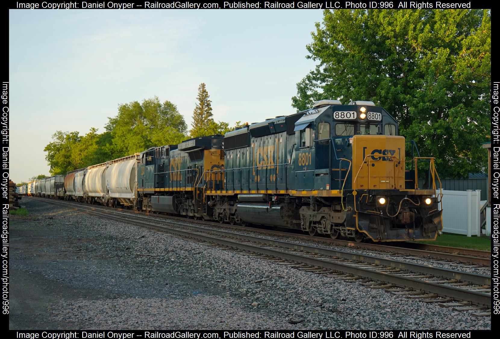 CSXT 8801 is a class EMD SD40-2 and  is pictured in De Kalb Junction, New York, United States of America.  This was taken along the St. Lawrence Subdivision on the CSX Transportation. Photo Copyright: Daniel Onyper uploaded to Railroad Gallery on 04/24/2023. This photograph of CSXT 8801 was taken on Wednesday, May 25, 2022. All Rights Reserved. 