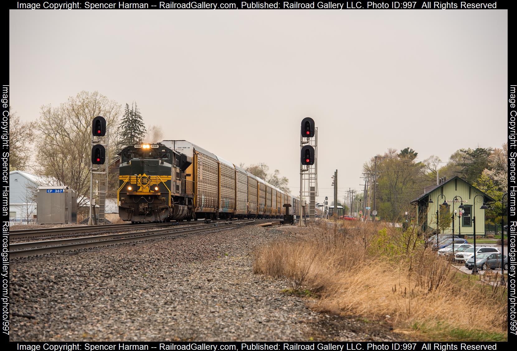 NS 1068 is a class EMD SD70ACe and  is pictured in Waterloo, Indiana, USA.  This was taken along the Chicago Line on the Norfolk Southern. Photo Copyright: Spencer Harman uploaded to Railroad Gallery on 04/25/2023. This photograph of NS 1068 was taken on Tuesday, April 25, 2023. All Rights Reserved. 