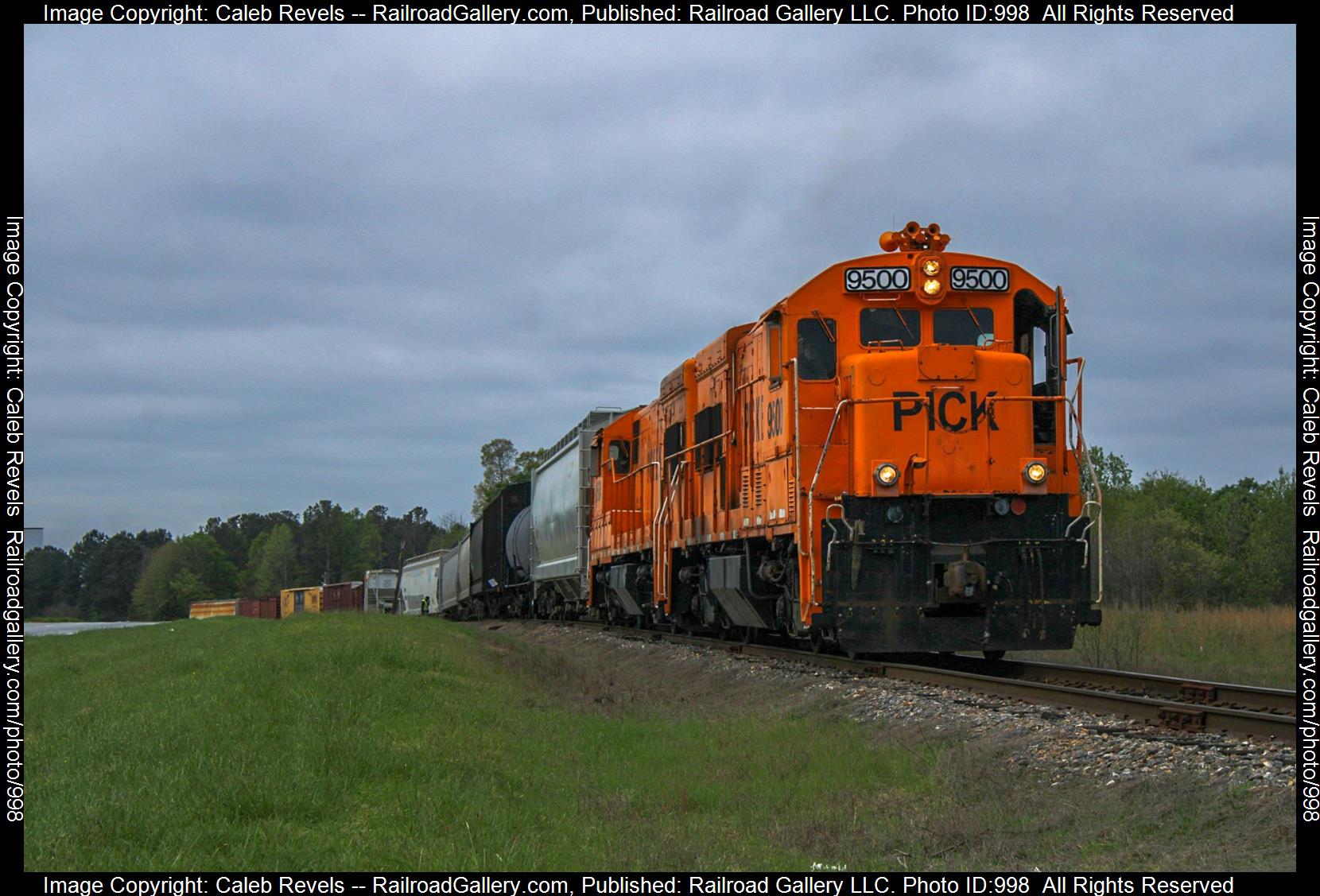 PICK 9500 is a class GE U18B and  is pictured in Gluck, South Carolina, USA.  This was taken along the Pickens Railway Gluck Branch on the Pickens Railway. Photo Copyright: Caleb Revels uploaded to Railroad Gallery on 04/26/2023. This photograph of PICK 9500 was taken on Tuesday, April 04, 2023. All Rights Reserved. 